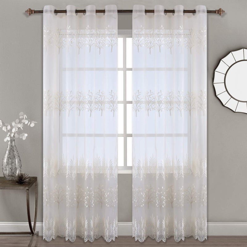 DONREN Luxury Beige Sheer Curtains for Living Room - Leaf Embroidery Sheer Curtain Panels for Bedroom (W 52 x L 84 Inch,2 Panels) - Image 2