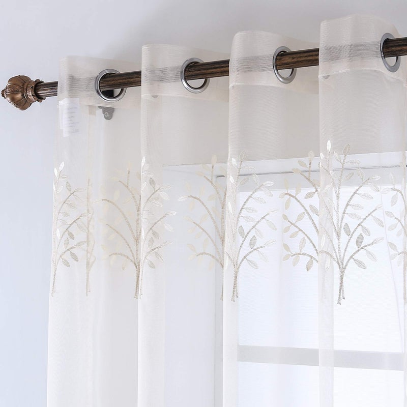 DONREN Luxury Beige Sheer Curtains for Living Room - Leaf Embroidery Sheer Curtain Panels for Bedroom (W 52 x L 84 Inch,2 Panels) - Image 3