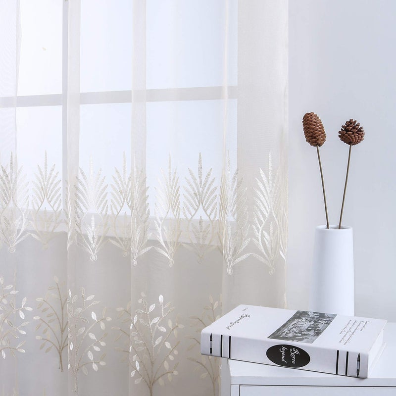 DONREN Luxury Beige Sheer Curtains for Living Room - Leaf Embroidery Sheer Curtain Panels for Bedroom (W 52 x L 84 Inch,2 Panels) - Image 4
