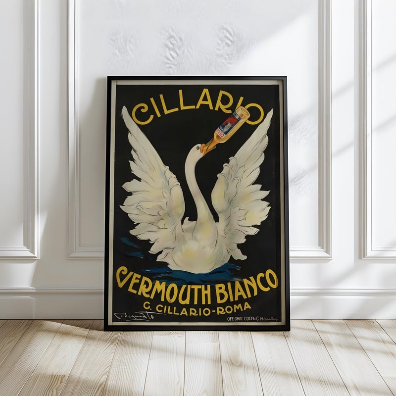 TNESSENTIAL Cillario Vermouth Bianco Poster: Italian Vintage Swan Art, Black Gold Aperitivo Print - Image 1