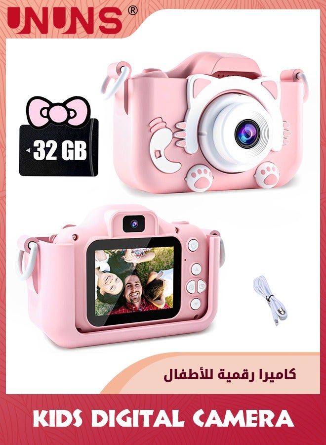 UNUNS Kids Camera Electronic Toys,3-9 Year Old Toys For Girls/Boys,Kids Digital Camera With 1080p Video,Selfie Camera With 32gb Sd Card,Card Reader,Birthday Gifts For Kids 3-12,Cute Pink Cat - Image 1