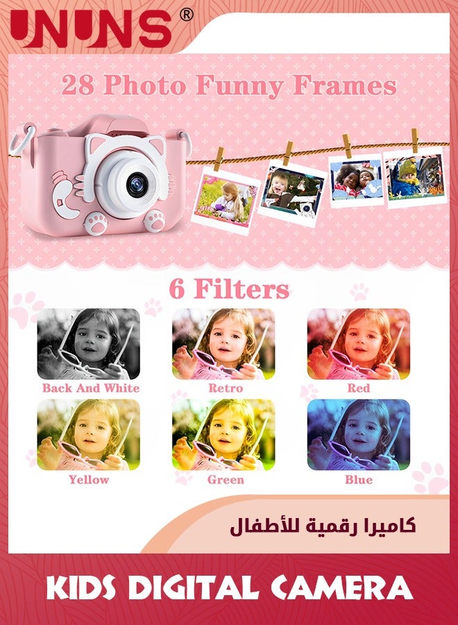 UNUNS Kids Camera Electronic Toys,3-9 Year Old Toys For Girls/Boys,Kids Digital Camera With 1080p Video,Selfie Camera With 32gb Sd Card,Card Reader,Birthday Gifts For Kids 3-12,Cute Pink Cat - Image 4