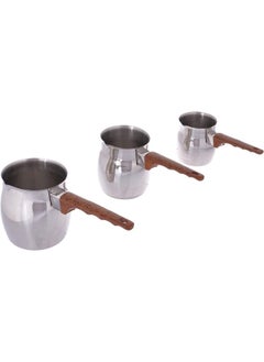 Bister 3Pcs Coffee Pot Set Stainless Steel Coffee Pot With Wooden Handle Turkish Coffee Decanter For Warming Milk & Making Sauces Silver  - Image 1
