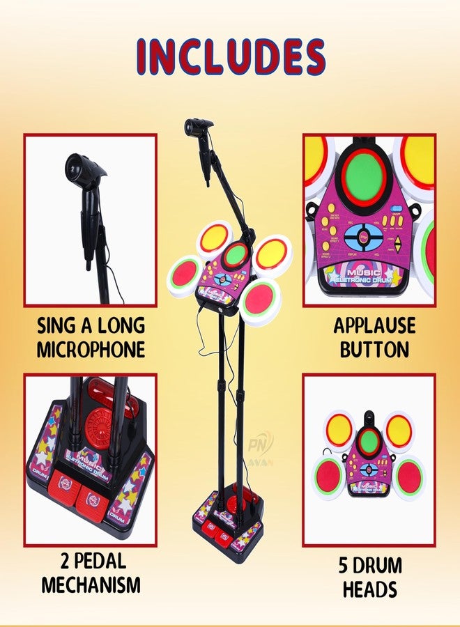 PN AVAN Kids Musical Electronic Drum Beat Toys Set, MP3 Plug-in, Microphone, Pedal, Colourful Lights - Image 3