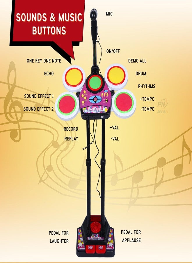 PN AVAN Kids Musical Electronic Drum Beat Toys Set, MP3 Plug-in, Microphone, Pedal, Colourful Lights - Image 4