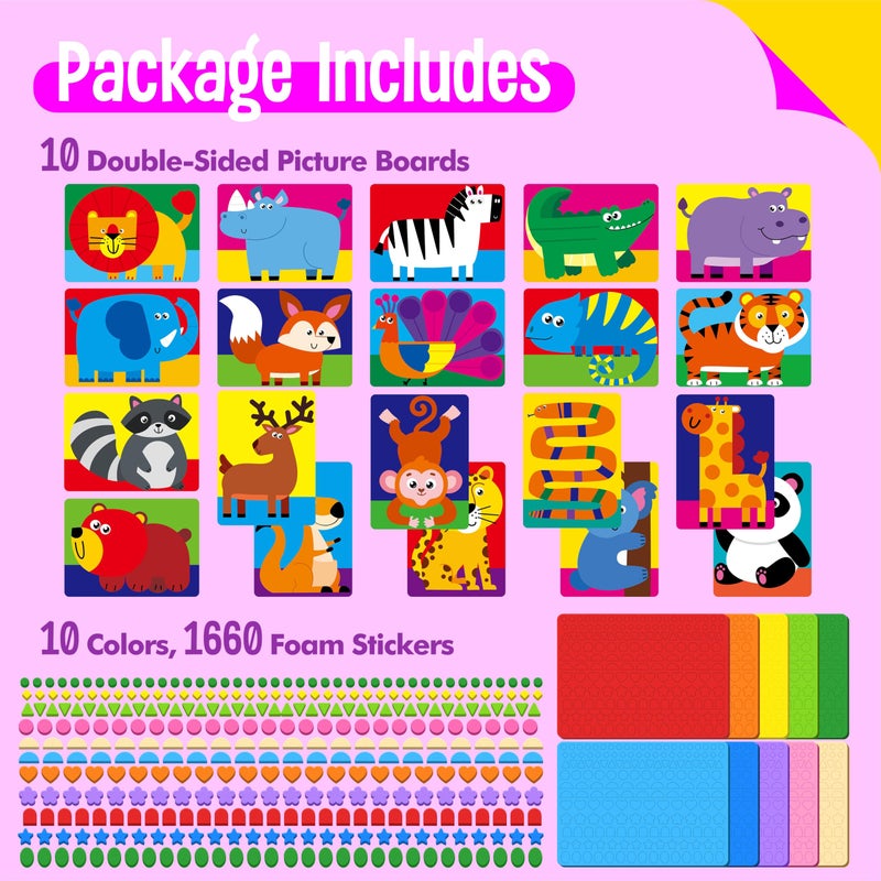 SpriteGru Foam Sticker Art Activity, 20 Wild Animal Art Boards with 1660 Foam Stickers in 10 Colors, Funny DIY Activity Creative Craft Kits Travel Game for Kids, Boys & Girls - Image 2