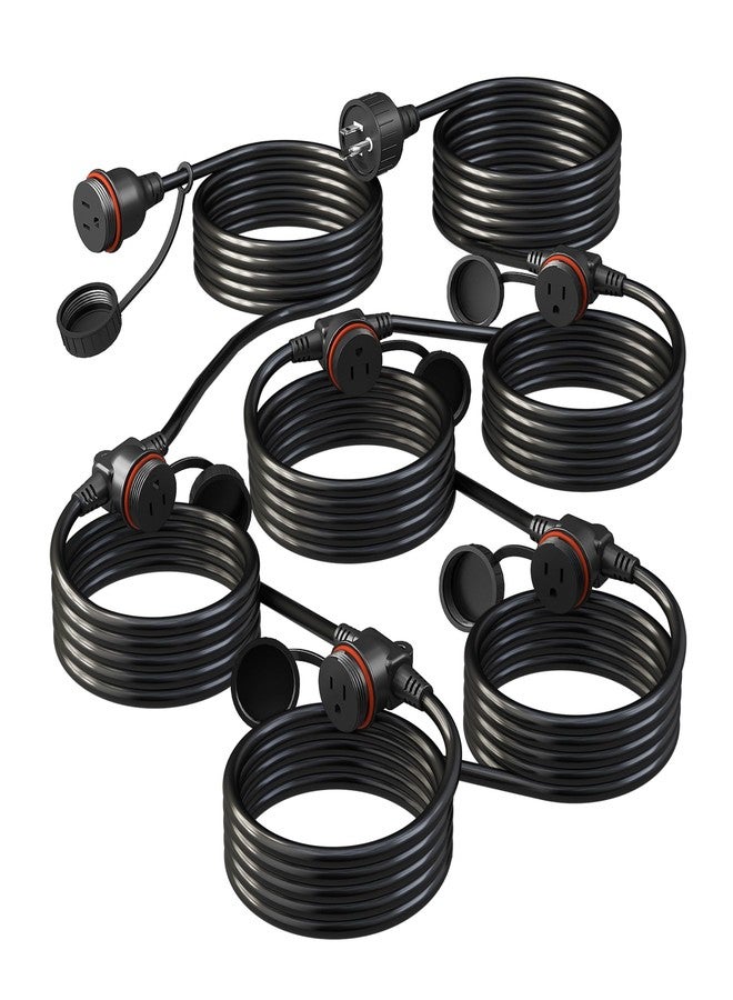 Belllights 50ft black extension cord, 6 evenly spaced outlet sockets with waterproof cover, 16/3 SJTW weather resistant, multiple outlets for holiday light and - Image 1