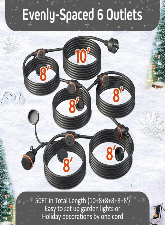 Belllights 50ft black extension cord, 6 evenly spaced outlet sockets with waterproof cover, 16/3 SJTW weather resistant, multiple outlets for holiday light and - Image 2