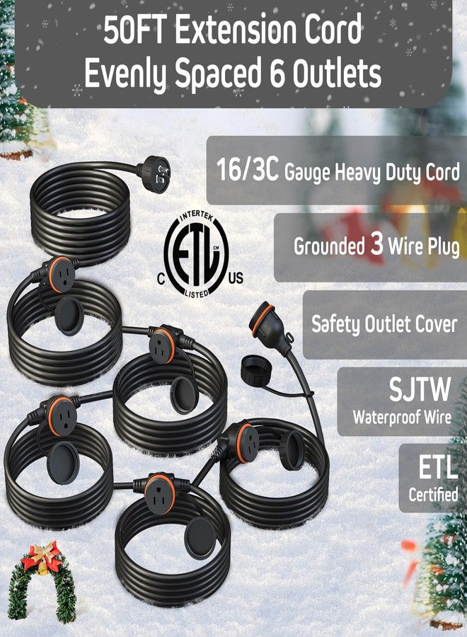 Belllights 50ft black extension cord, 6 evenly spaced outlet sockets with waterproof cover, 16/3 SJTW weather resistant, multiple outlets for holiday light and - Image 3