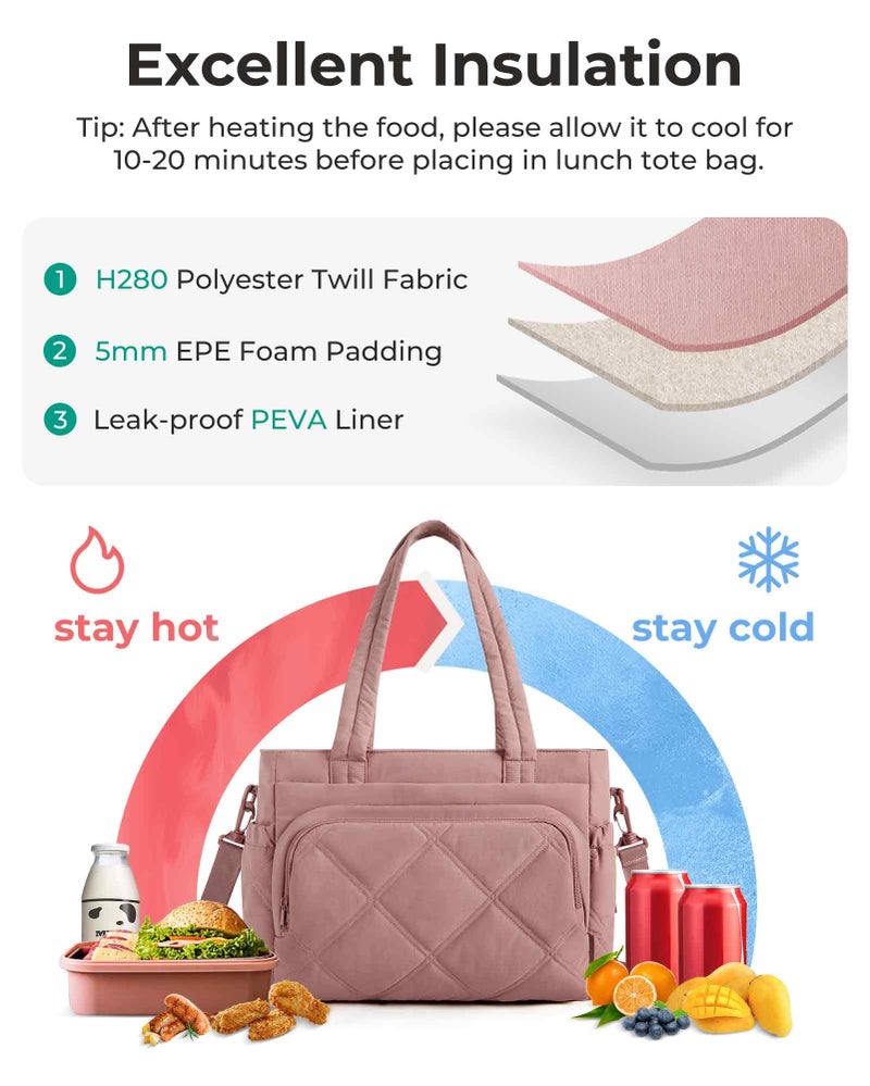 BAGSMART Lunch Bag Women Large Lunch Box Insulated Tote Bag with Multi-Pockets Quilted Puffy Tote for Work, Outdoors - Image 4