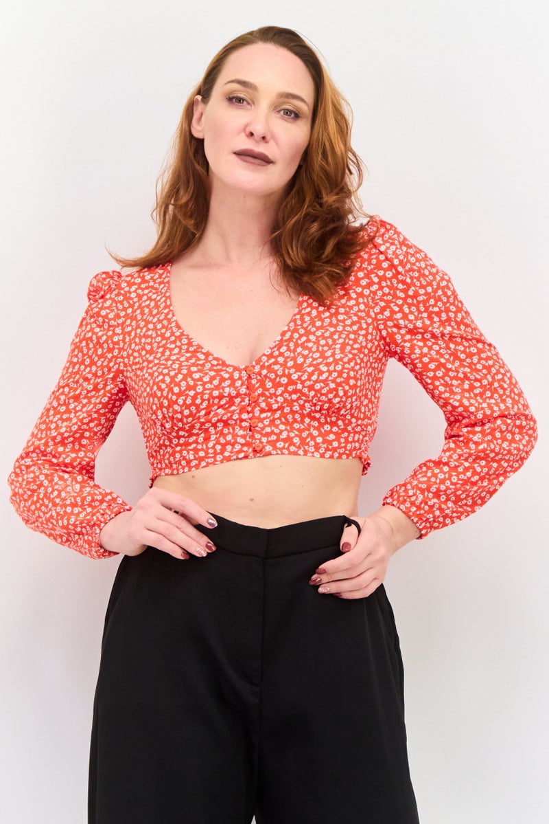 MONKI Women V Neck Long Sleeve Floral Print Blouse, Orange - Image 1