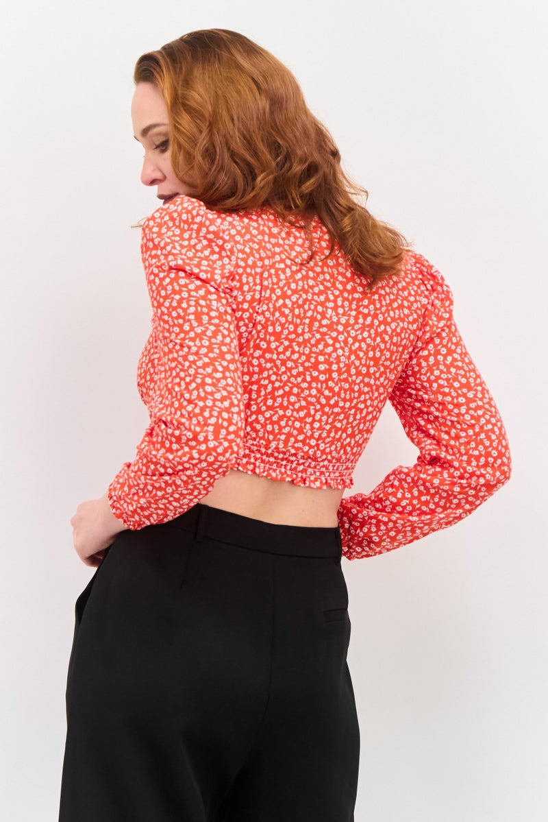 MONKI Women V Neck Long Sleeve Floral Print Blouse, Orange - Image 2