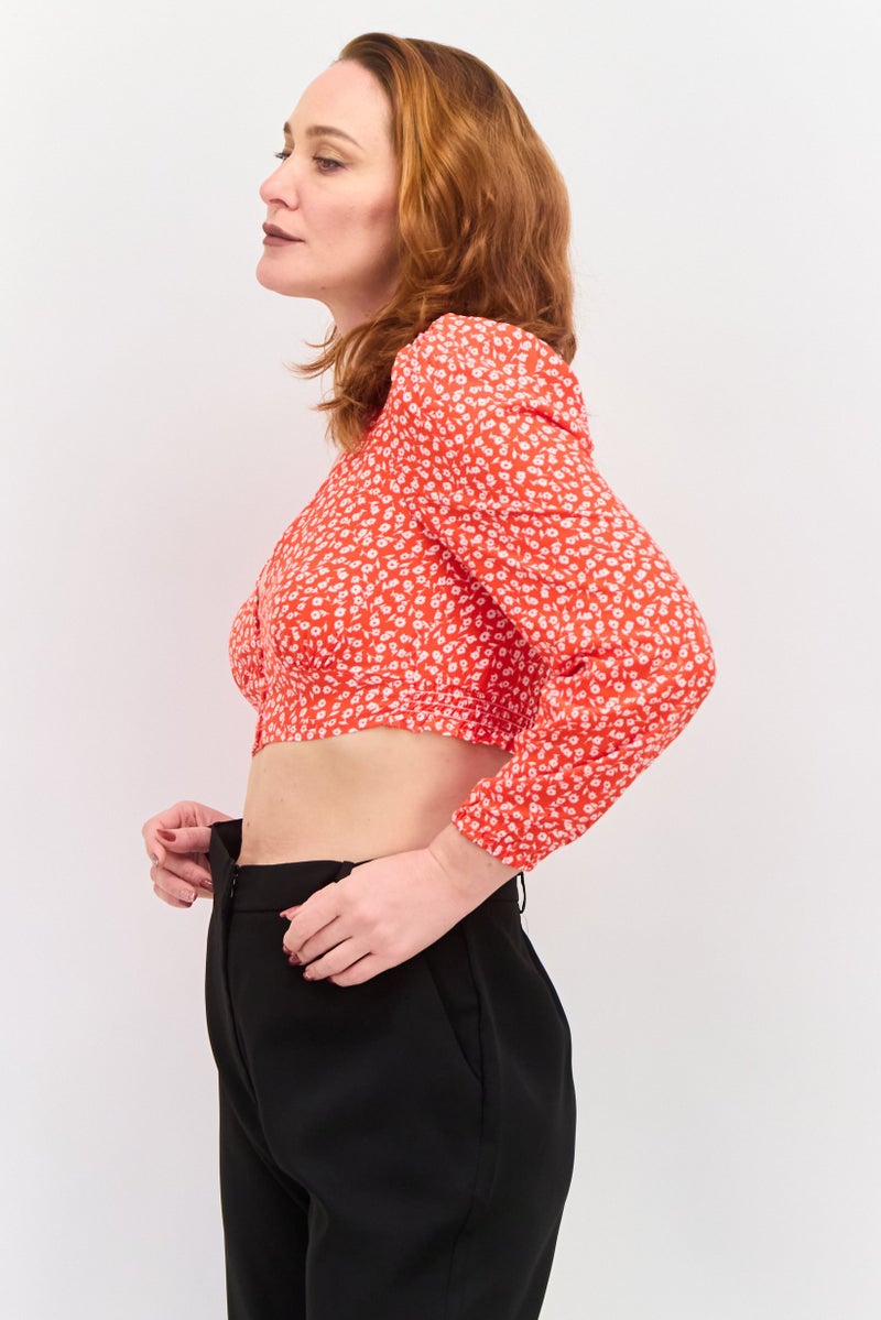 MONKI Women V Neck Long Sleeve Floral Print Blouse, Orange - Image 3