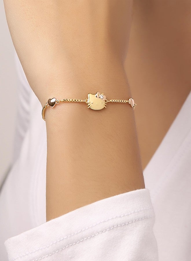 Hello Kitty Sanrio Kitty Bracelet for Women Official License, 18k Gold Flash-Plated Lariat Bracelet with Crystal and Two-Tone Hearts - Image 2