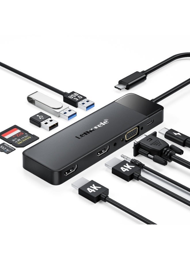Lemorele USB-C 10 IN 1 Docking Station with Dual 4K HDMI & VGA Output, USB-C 10-in-1 Docking Station USB HUB Designed for laptops, tablets, and smartphones