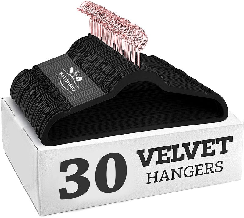 KITCHMO- Premium Velvet Hangers Non Slip Velvet Suit Hangers Rose Gold Hooks,Space Saving Clothes Hangers Velvet Hangers Non-Slip 360 Degree Swivel Hook Clothes Hangers Velvet (Black, Pack of 30) - Image 1