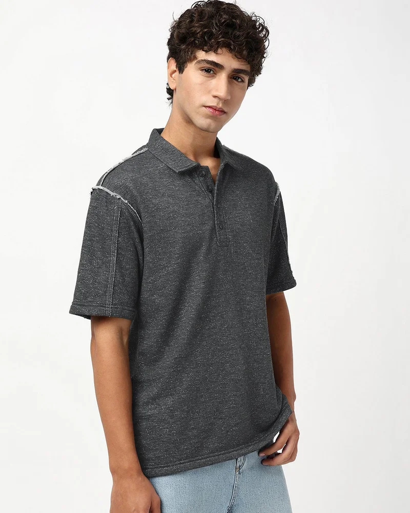 bewakoof Men's Grey Oversized Polo T-shirt
