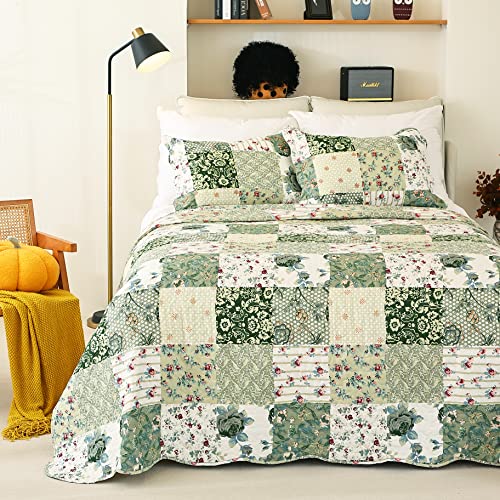 Cmfshape Summer Floral Queen Quilted Bedspread,Romantic Green Quilt Set,Reversible Stitched Bedding Cover All Season,Soft Lightweight Coverlet with Pillow Cases (Green&White, Queen90 x90) - Image 2