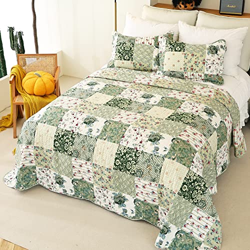 Cmfshape Summer Floral Queen Quilted Bedspread,Romantic Green Quilt Set,Reversible Stitched Bedding Cover All Season,Soft Lightweight Coverlet with Pillow Cases (Green&White, Queen90 x90) - Image 3