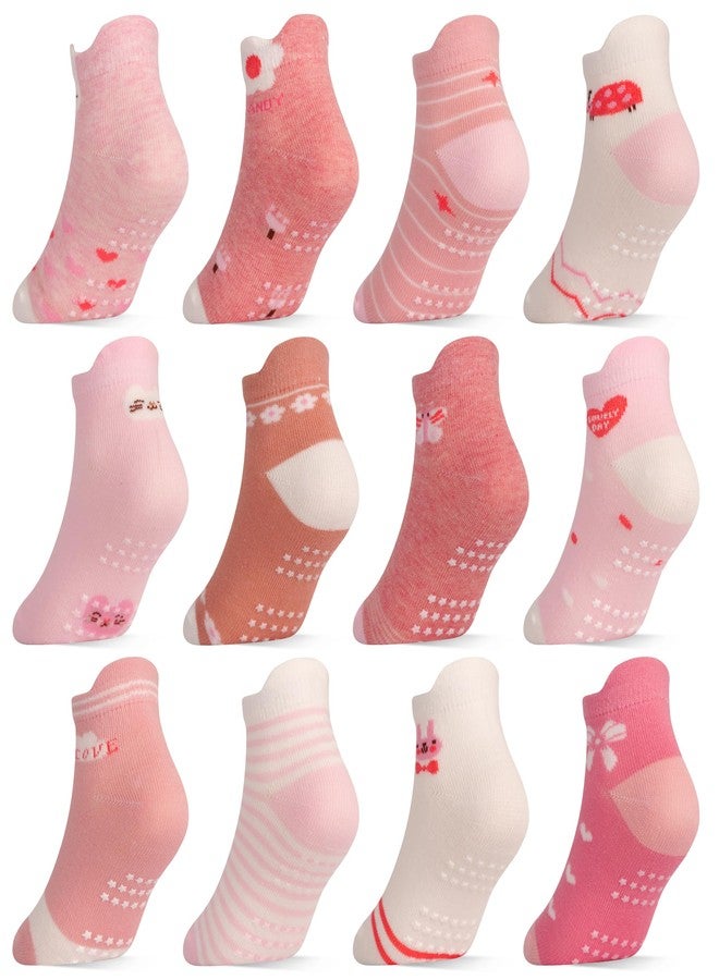 Tphon Toddler Girls Socks with Grips Baby Anti Slip Ankle Socks 12 Pairs Kids Cute Cartoon Patterns Sock for 1-3 Years - Image 1