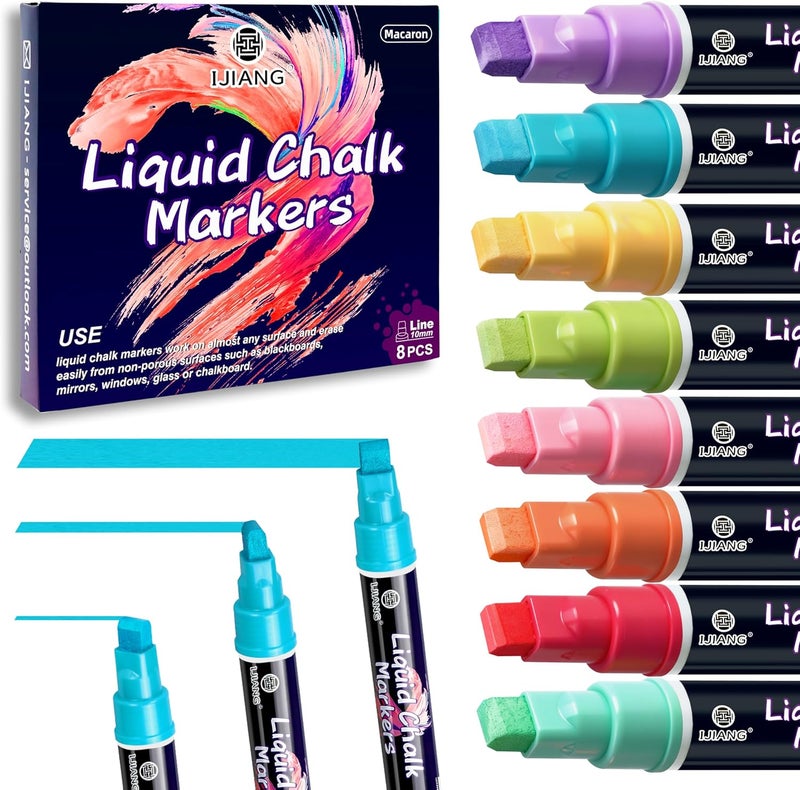 IJIANG Jumbo Chalk Markers for Chalkboard 8 Colors Liquid Chalk Markers Set Erasable Pastel 10 MM 3-In-1 Nib Pastel Chalk Pens For Auto Glass Restaurant Menus Whiteboards Windows Calendars Sign Decoration - Image 1