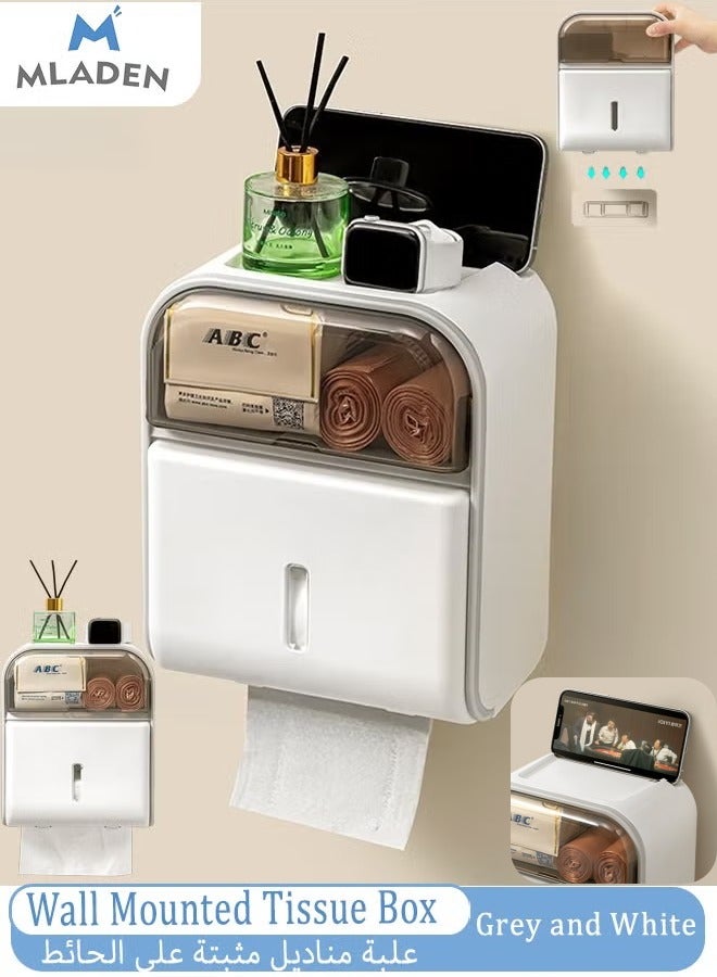 MLADEN Wall Mounted Toilet Paper Holder Waterproof Tissue Box Shelf with Mobile Phone Holder, No Hole Punching, Compatible with Roll Paper Tissue Paper for Bathroom Kitchen Living Room - Image 1