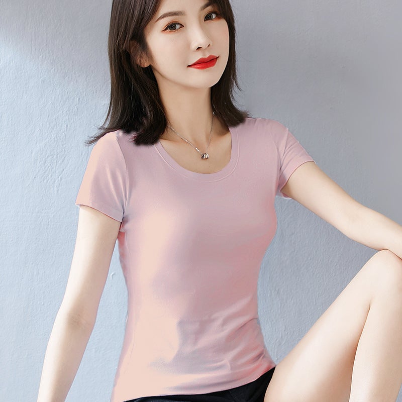 Summer short pure white T-shirt womens short sleeve slim round neck spring new pure cotton top T-shirt bottoming shirt fashion Lotus Pink