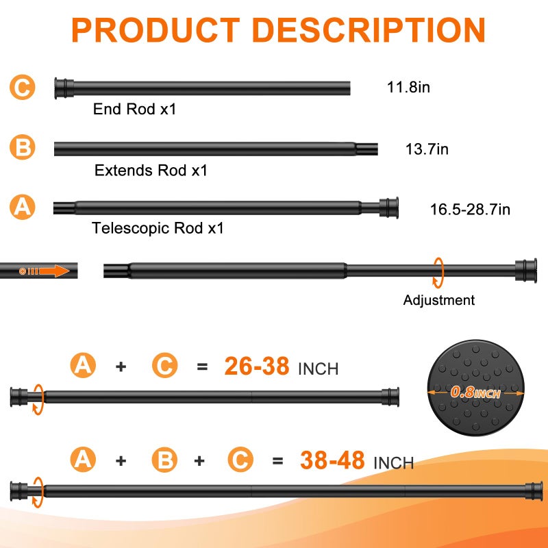 Fvonzn Tension Curtain Rod 26 to 48 Inch Adjustable Tension Rods 6 Pack Expandable Spring Tension Rod Black No Drilling for Closet Kitchen Cupboard Wardrobe Door Bookshelf DIY Projects - Image 3