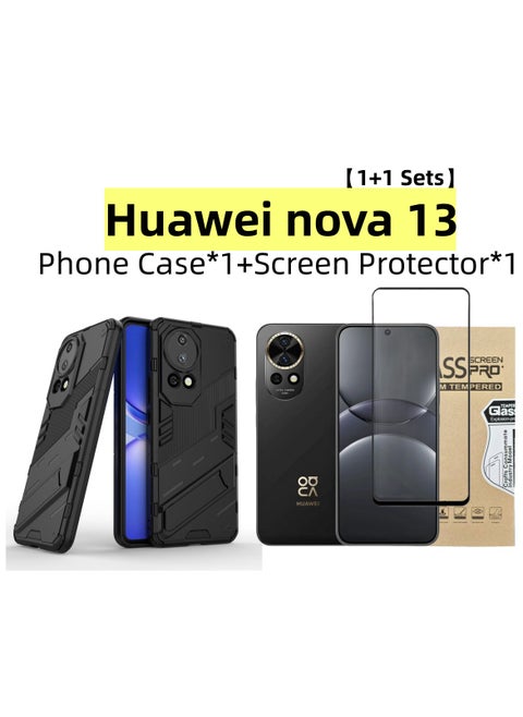 [1+1 Sets] For Huawei nova 13 Case & Screen Protector Slim Shock-Absorption Flexible TPU Bumper + PC Protective Back Cover with Kickstand,Tempered Glass Screen Protector