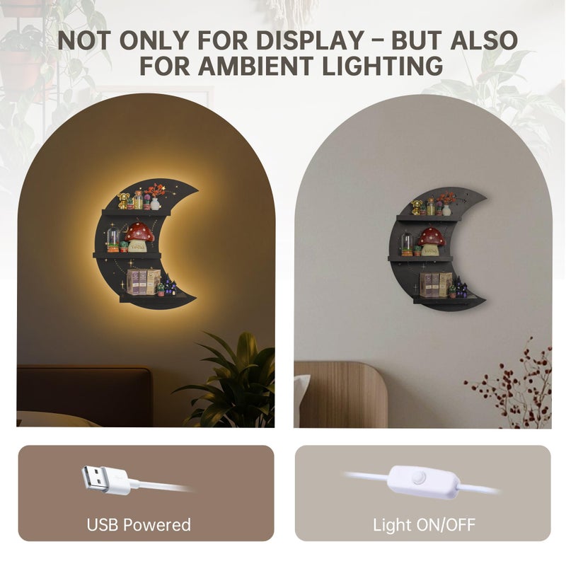 FNYDOX Crescent Moon Shelf with LED Light, Trinket Display Shelf & Moon Wall Light for Rocks Gems Healing Stones Crystals Display, Celestial Decor Crystal Holder Witchy Wall Decor - Image 4