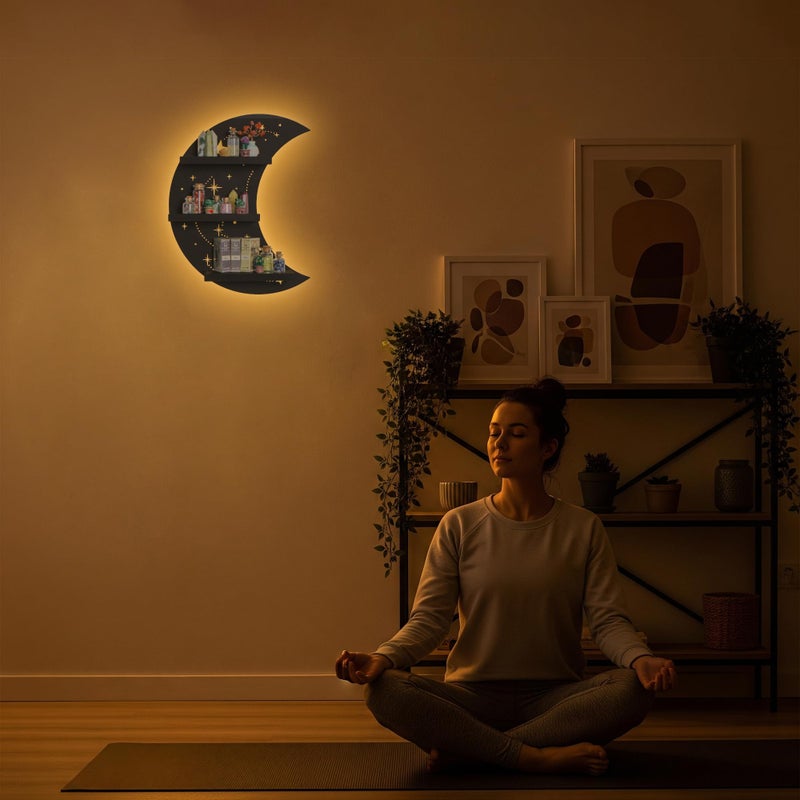 FNYDOX Crescent Moon Shelf with LED Light, Trinket Display Shelf & Moon Wall Light for Rocks Gems Healing Stones Crystals Display, Celestial Decor Crystal Holder Witchy Wall Decor - Image 5