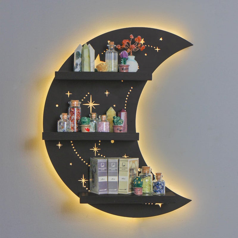 FNYDOX Crescent Moon Shelf with LED Light, Trinket Display Shelf & Moon Wall Light for Rocks Gems Healing Stones Crystals Display, Celestial Decor Crystal Holder Witchy Wall Decor - Image 1