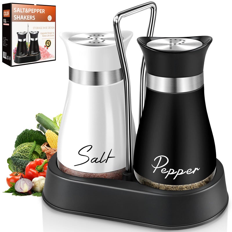 H&Foumre Salt and Pepper Shakers Set, 4 oz Stainless Steel Salt Shaker, Farmhouse Salt Pepper Shaker Containers with Glass Bottom for Kitchen Gadgets Cooking Table, BBQ, Bar, RV, Camp (Black&White) - Image 1