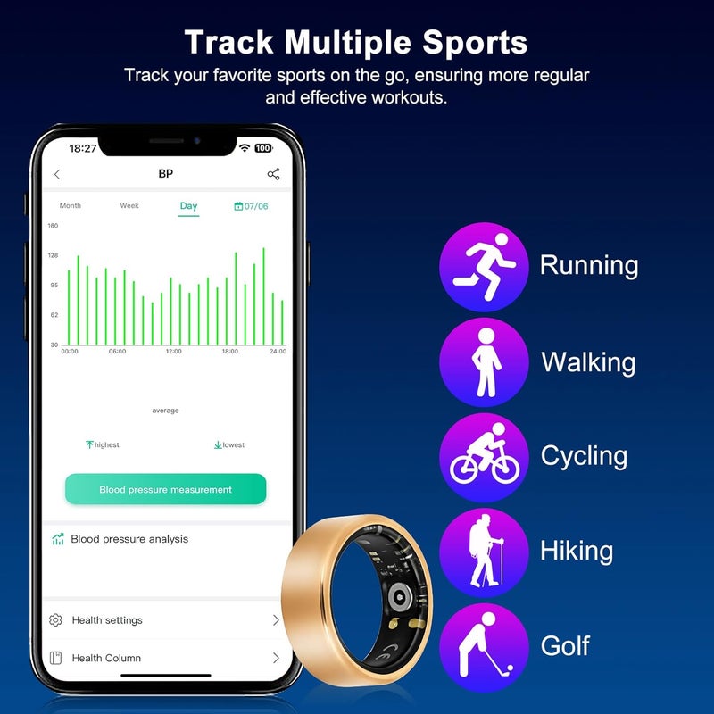 حلقة تتبع الصحة,رصد السعرات الحرارية / معدل ضربات القلب / النوم / الأكسجية,صورة عن بعد,حلقات الصحة للنساء والرجال,قابل للارتداء IP68 رصد اللياقة البدنية المقاومة للماء,متوافق مع نظام التشغيل iOS و Android (7) - Image 5