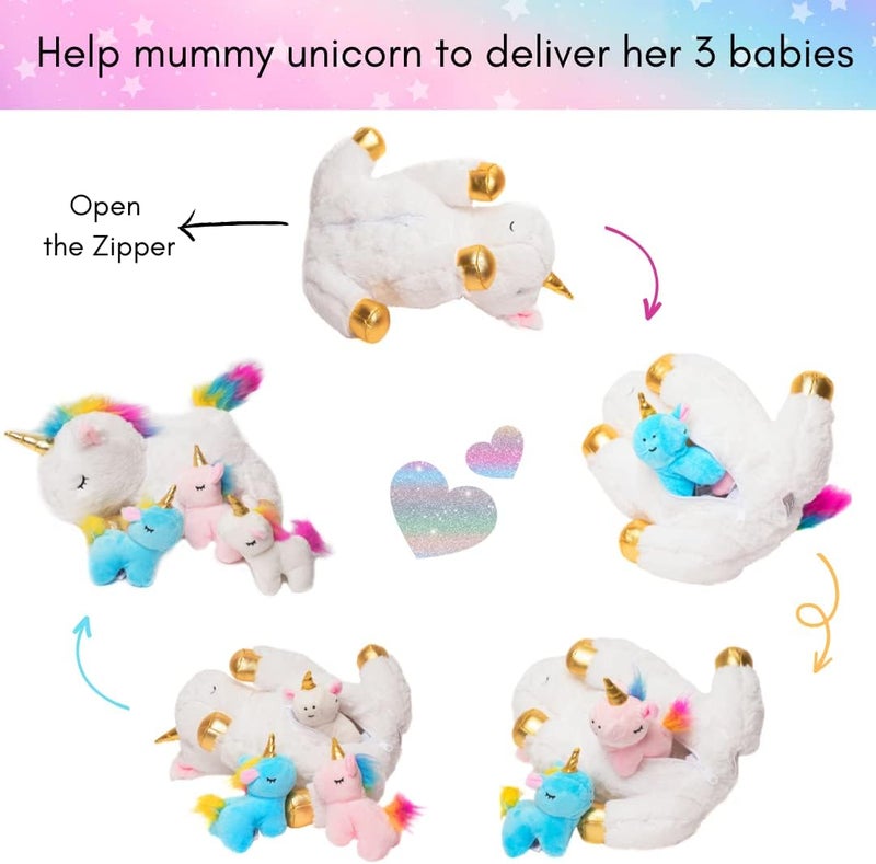 Mumfactory® Unicorn Plush Toys for Girls Ages; Stuffed Unicorn Doll with 3 Baby Unicorns in her Tummy; Toys for Girls - Image 3