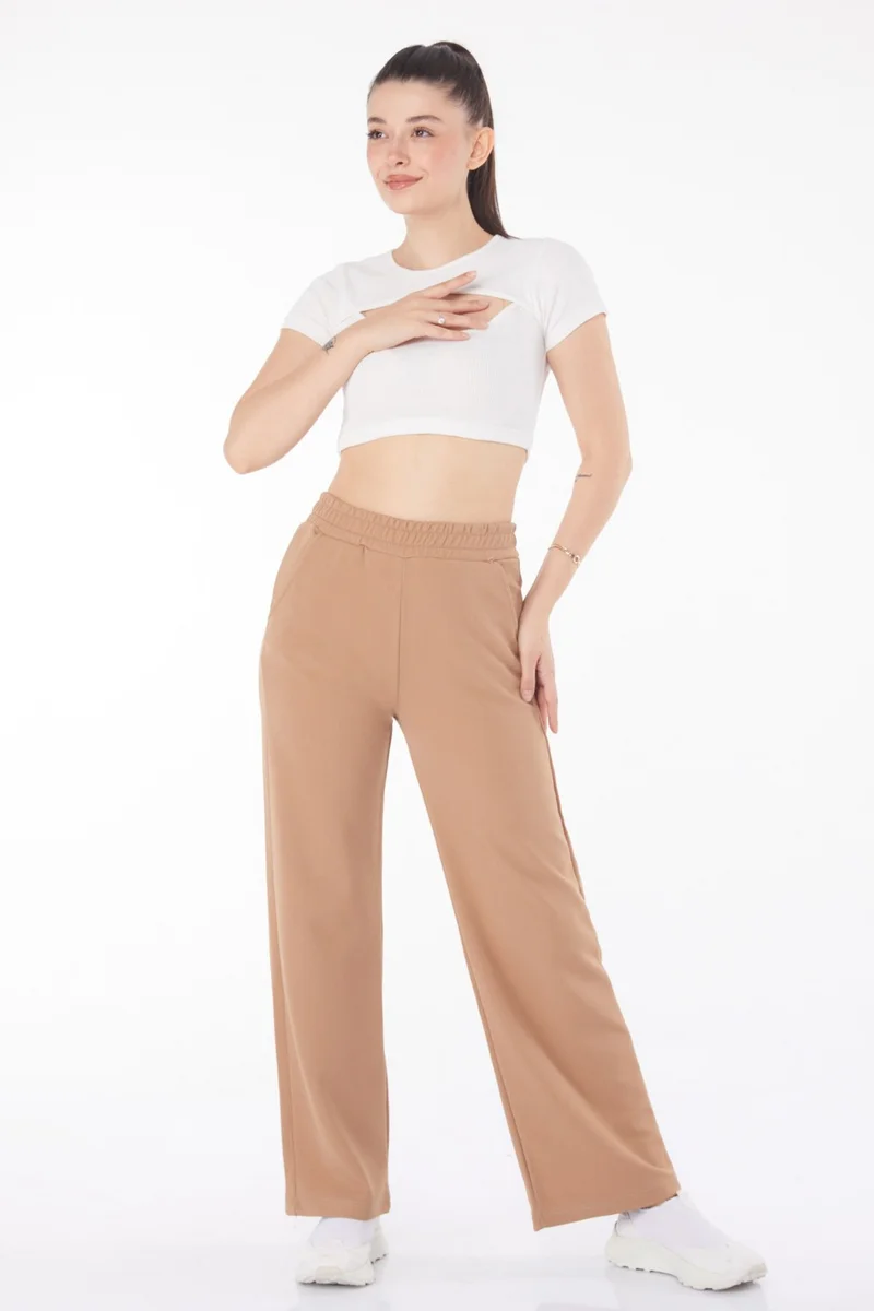 Tofisa Plain Mid Women's Mink Pocketed Wide Leg Trousers - 25796