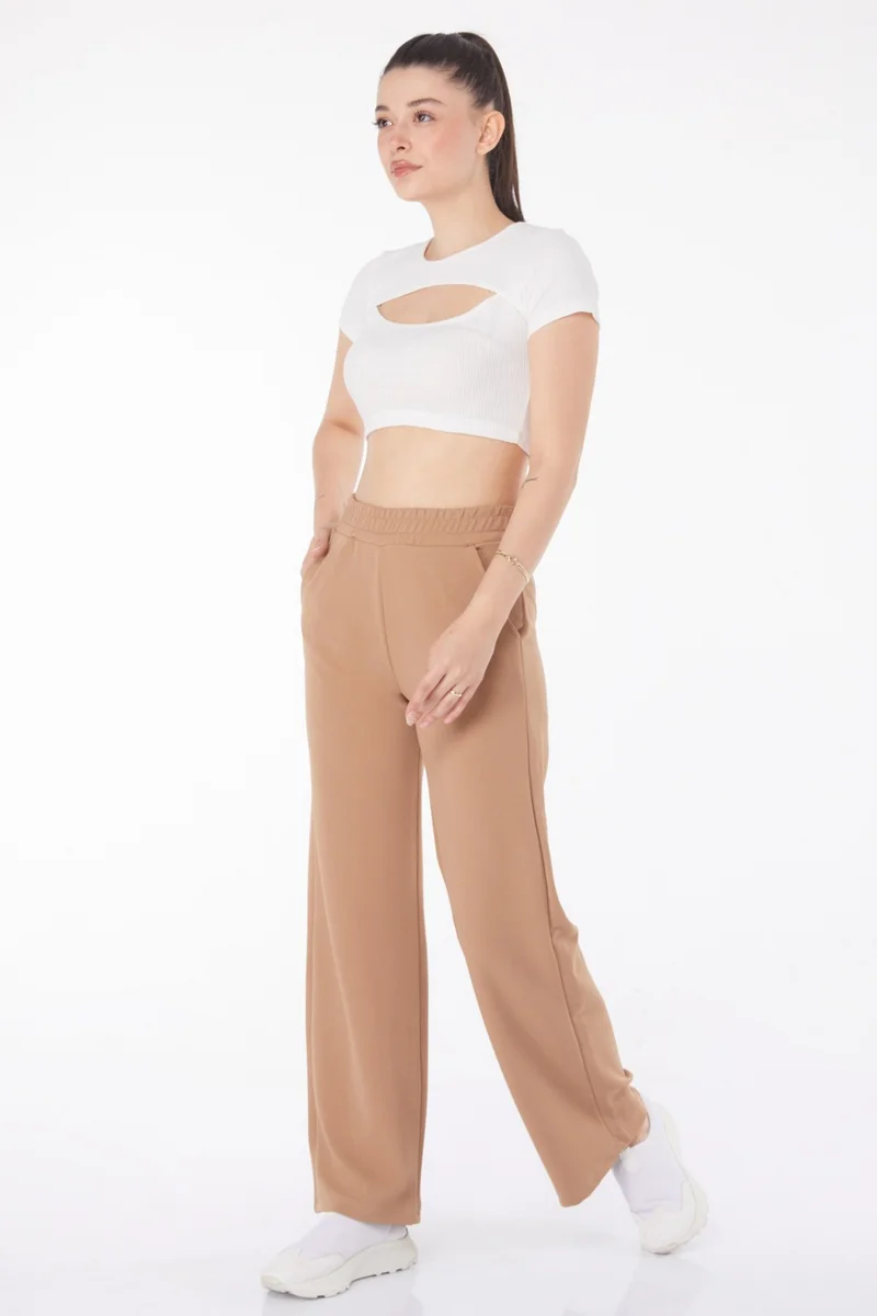 Tofisa Plain Mid Women's Mink Pocketed Wide Leg Trousers - 25796
