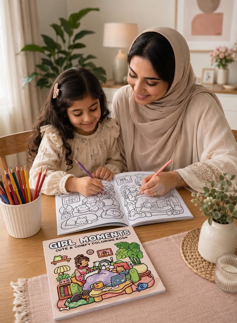 مجموعة من 4 كتب تلوين للكبار والصغار للاسترخاء - تخفيف التوتر + ركن الحياة + لحظات الفتيات + ركن صغير | أنشطة يومية لطيفة ومريحة، مساحات مريحة، علاج بالفن لتخفيف التوتر واليقظة الذهنية، نشاط لتقوية الروابط الأسرية - Image 2