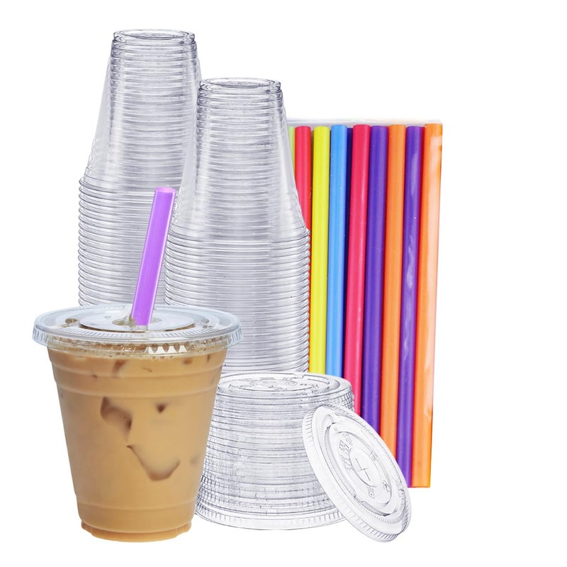 GUSTO 12 oz  100 Count Clear Cups with Flat Lids  Straws  Disposable Clear Drinking Cups for Iced Coffee Cold Drinks Milkshakes and Smoothies  Formerly Comfy Package