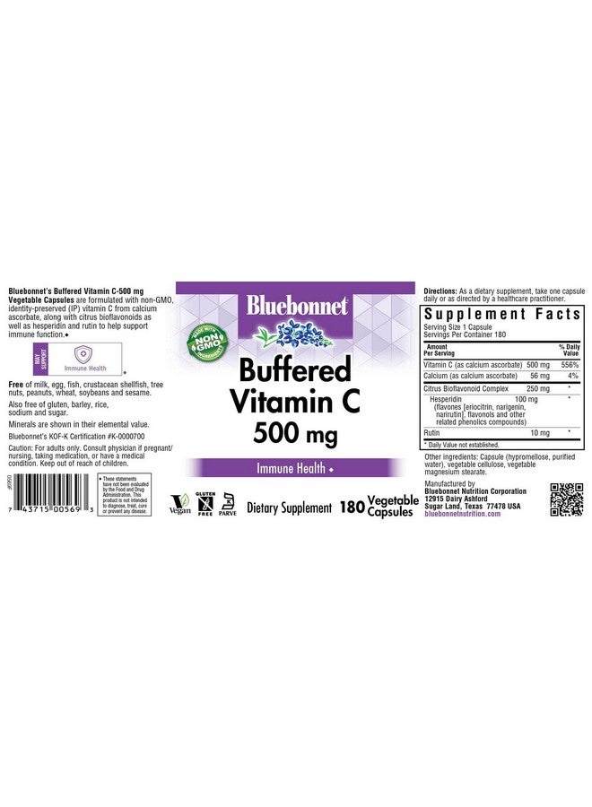 BlueBonnet Nutrition Buffered Vitamin C-500 mg Vegetable Capsules, Buffered Calcium Ascorbate, For Immune Health, Soy Free, Gluten Free, Non-GMO, Kosher, Dairy Free, Vegan, 180 Vegetable Capsules ('743715005693) - Image 2