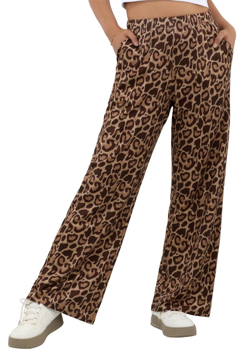 IWOLLENCE Women's Cheetah Print Pants with Pockets Teens Y2K Preppy Leopard Pant Barrel Lounge Trousers Bottoms Casual Sweatpants Early Falll Khaki Brown Leopard, XL - Image 1