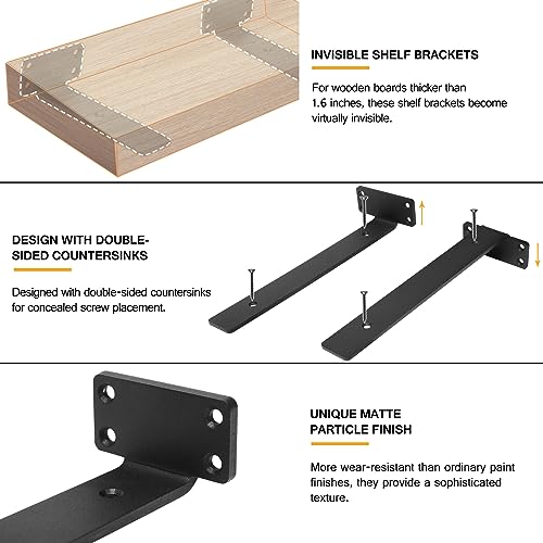 HITOMEN Heavy Duty Floating Shelf Brackets, 12-Inch (1/5'' Thick) Hidden Shelves Hardware, Iron L Brackets, Rustic Industrial Black Metal Wall Shelving Supports, 8 Pack - Image 4