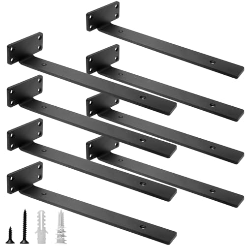 HITOMEN Heavy Duty Floating Shelf Brackets, 12-Inch (1/5'' Thick) Hidden Shelves Hardware, Iron L Brackets, Rustic Industrial Black Metal Wall Shelving Supports, 8 Pack - Image 1