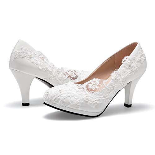 Dress First Bridal Wedding Shoes Closed Toe Dress Pumps Stiletto Heel with Stitching Lace - Image 3
