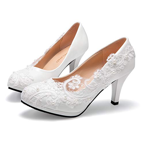 Dress First Bridal Wedding Shoes Closed Toe Dress Pumps Stiletto Heel with Stitching Lace - Image 4