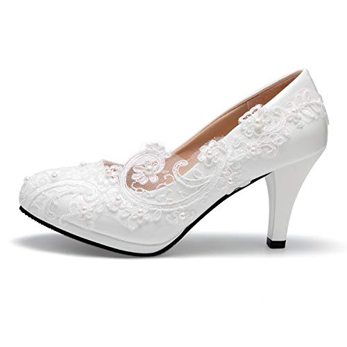 Dress First Bridal Wedding Shoes Closed Toe Dress Pumps Stiletto Heel with Stitching Lace - Image 2
