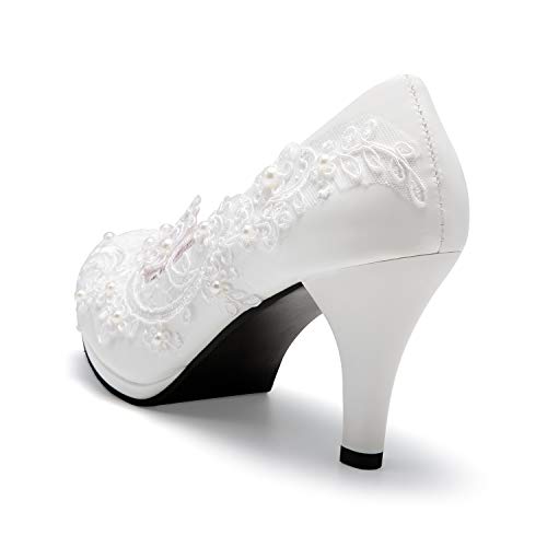 Dress First Bridal Wedding Shoes Closed Toe Dress Pumps Stiletto Heel with Stitching Lace - Image 5