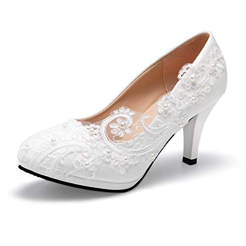 Dress First Bridal Wedding Shoes Closed Toe Dress Pumps Stiletto Heel with Stitching Lace - Image 1