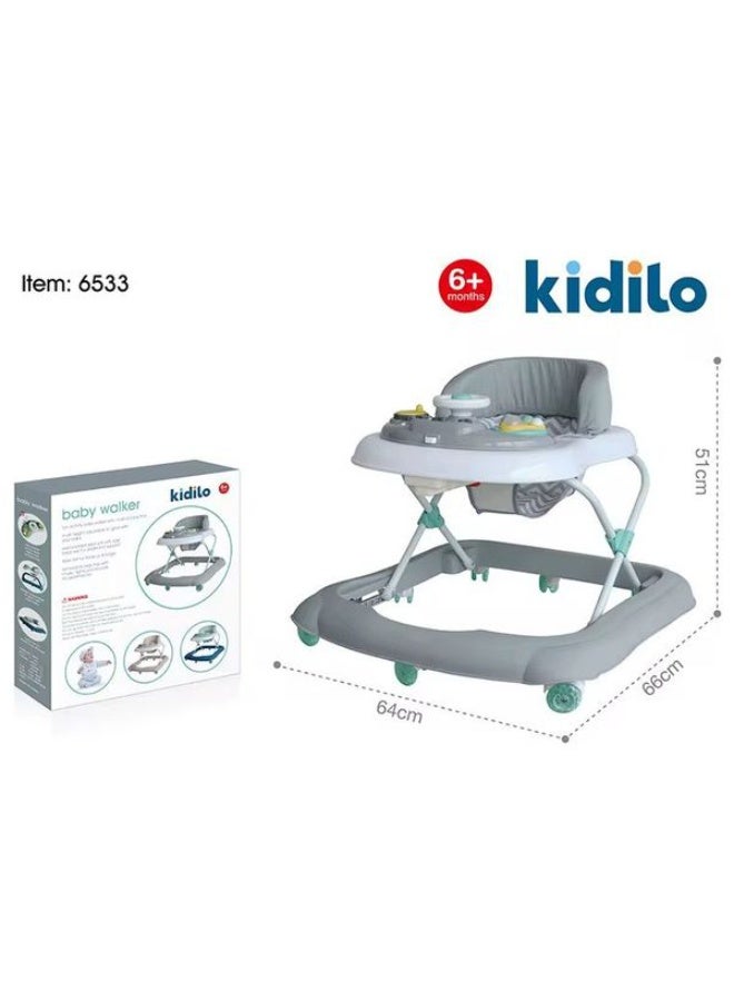Kidilo Baby Walker with Interactive Play Tray, Adjustable Height, Foldable, Gray