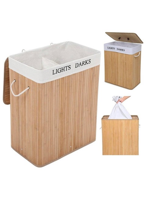 Laundry Basket with Lid, Bamboo Laundry Hamper with Removable Liner Bag, Foldable Laundry Bag with Handle for Clothes and Storage, Space, Saving Laundry Hamper for Laundry Room, Bedroom